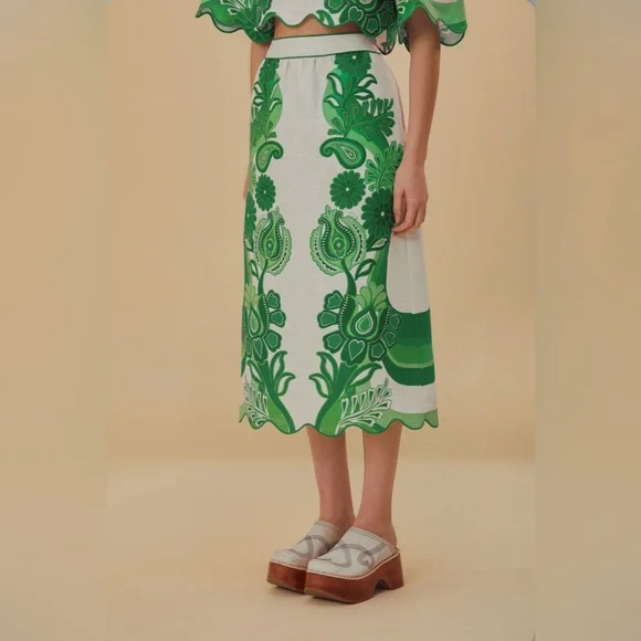 Farm Rio Green Color Festival Midi Skirt - Picture 2 of 11